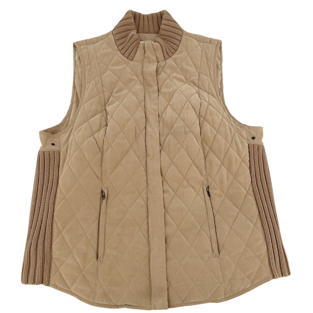 Womens Large Orvis Tan Quilted Faux Suede Vest Rib Knit‎ Trim Equestrian Classic